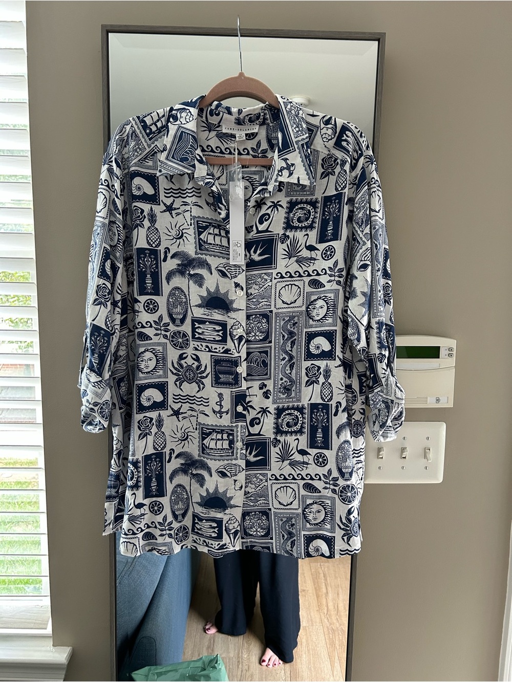 Jane and Delancey Navy & White Printed Tunic Top Linen Blend Size 1X